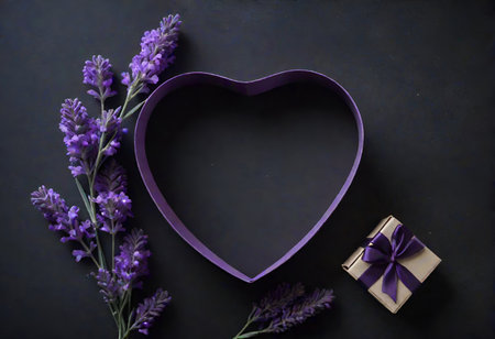 A heart-shaped purple frame with lavender flowers and a small gift box with a purple ribbon on a dark background.の写真素材
