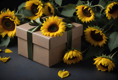 A beautifully wrapped gift box adorned with a sunflower, surrounded by several sunflowers on a dark background.の写真素材