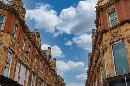 A view of a historic street with ornate brick buildings under a blue sky with scattered clouds.の写真素材