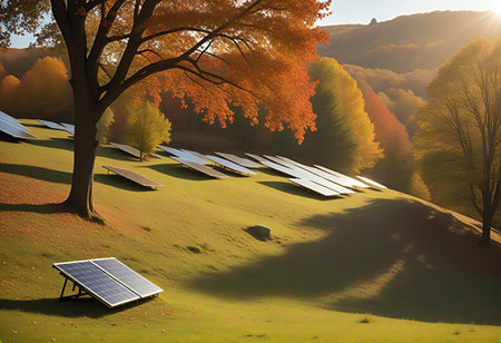 A serene landscape featuring solar panels on a grassy hill, surrounded by vibrant autumn trees with...