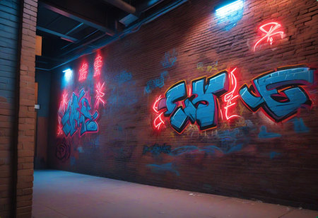 A vibrant urban alleyway featuring colorful graffiti on a brick wall, illuminated by blue neon lights. The artwork showcases bold lettering and artistic designs, creating a lively atmosphere.の写真素材