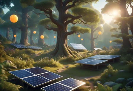 A serene forest scene featuring solar panels among lush greenery and trees. Soft sunlight filters...
