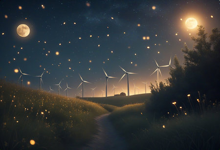 A serene night landscape featuring wind turbines under a starry sky with two moons. Fireflies...