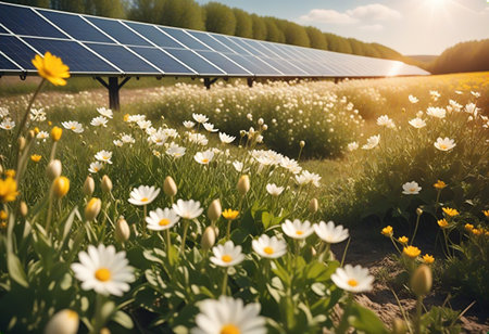 A vibrant field of wildflowers in the foreground with solar panels in the background, under a sunny sky. The scene captures the harmony between nature and renewable energy.の写真素材