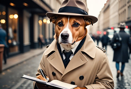 A dog dressed as a detective in a trench coat and fedora, holding a notebook and pen, standing on a city street with blurred pedestrians in the background.の写真素材