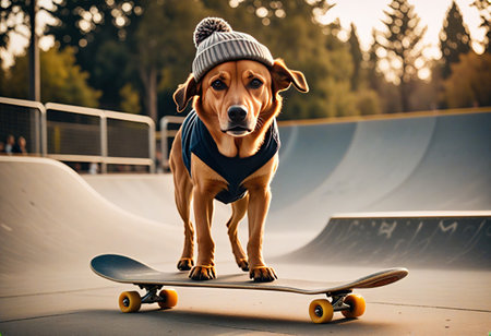 A dog wearing a beanie and a vest stands on a skateboard at a skate park during sunset. The background features trees and a skate ramp, creating a lively atmosphere.の写真素材