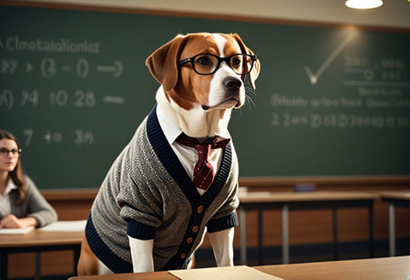 A dog wearing glasses and a sweater stands at the front of a classroom, resembling a teacher. Students are seated at desks, looking attentively. The blackboard behind has mathematical equations and diagrams.の写真素材