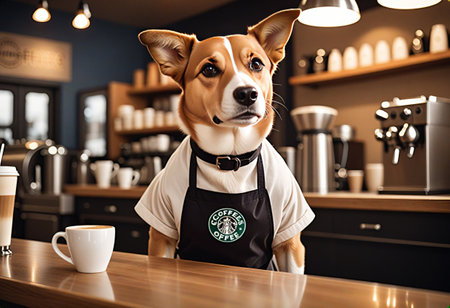 A corgi dog wearing a barista apron stands behind a coffee shop counter, looking curiously at a cup of coffee. The shop has a cozy atmosphere with coffee machines and cups in the background.の写真素材