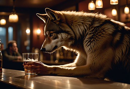 A wolf-like dog sitting at a bar, gazing thoughtfully at a glass of drink. The warm lighting creates a cozy atmosphere, with blurred figures in the background.の写真素材