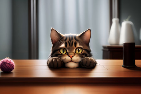 A cute cartoon-style cat with large eyes resting its paws on a wooden table. The cat has a striped fur pattern and a playful expression. In the background, there are soft curtains and a few decorative items, including a yarn ball.の写真素材