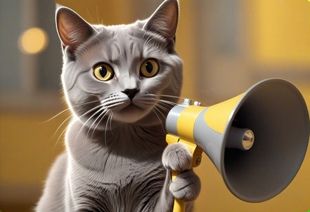 A gray cat holding a yellow megaphone, looking directly at the viewer with large, expressive eyes. The background is softly blurred, creating a warm atmosphere.の写真素材