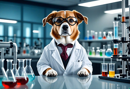 A dog wearing glasses and a lab coat stands in a laboratory filled with colorful chemical solutions in glassware. The setting is bright and modern, showcasing various scientific equipment.の写真素材