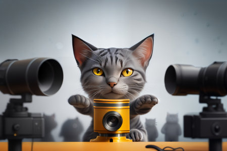 A cartoonish gray tabby cat with bright yellow eyes is sitting in front of a golden camera, surrounded by various black cameras. The cat appears to be posing or interacting with the camera, creating a playful and whimsical scene.の写真素材