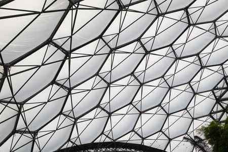 A close-up view of a modern architectural structure featuring a geometric, translucent roof supported by a metal framework. The design showcases a series of curved shapes and lines, creating an interesting visual pattern.の写真素材
