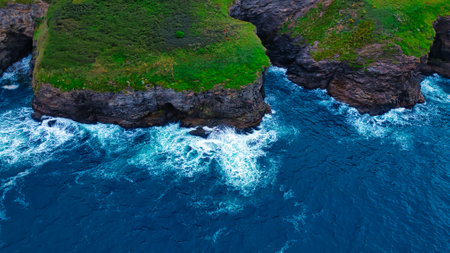 Aerial view of rocky coastline with lush green vegetation and crashing waves. The deep blue ocean contrasts with the vibrant greenery on the cliffs, creating a stunning natural landscape.の写真素材