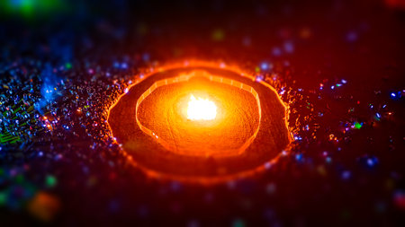 Atop a glowing orange surface with a circular, glowing outline, a fire burns brightly against a dark...