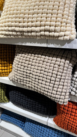 A close-up shot shows multiple textured throw pillows stacked on white shelves. The pillows are various muted colors and feature a uniform, bumpy surface texture.の写真素材