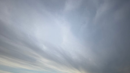 Low-angle view of a mostly overcast sky.  The clouds are primarily light gray and white, exhibiting a streaked, flowing pattern.  The horizon is barely visible at the bottom.の写真素材