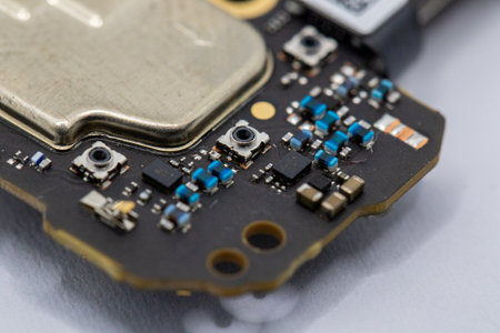 Close-up of a circuit board fragment, showcasing various components including a metallic element,...