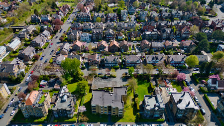 Aerial view of a residential neighborhood with houses, buildings, roads, cars and trees. Lush...