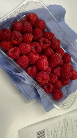 A close-up shows raspberries in a plastic container, set on a blue cloth atop a white surface. A...