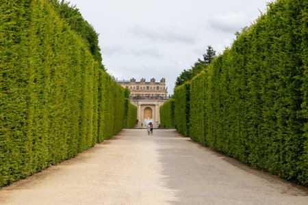A path flanked by tall green hedges leads to a building with a fountain, under a cloudy sky. People are walking along the path at Versailles Gardens, Paris.の写真素材