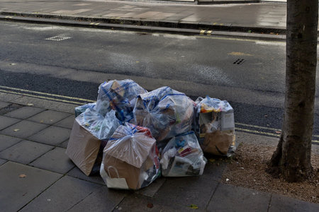 A pile of plastic-wrapped trash bags and cardboard boxes sits on a paved sidewalk next to a tree...