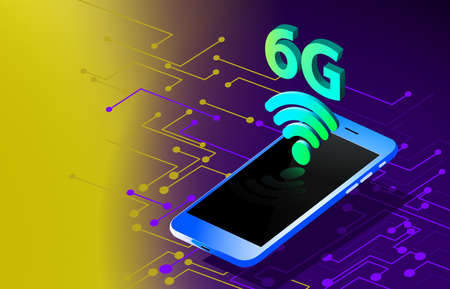 6G wifi illustration with smartphone with dark yellow and purple background. Selective focus.の写真素材