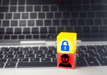 laptops, colored cubes with padlock and thief icons. safety and security