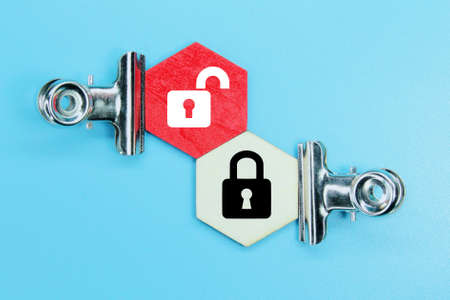 hexagon with lock and unlock icons. safety and securityの写真素材