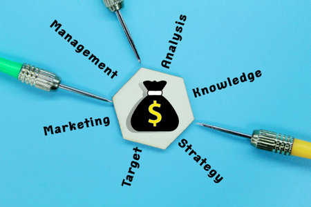 hexagons, arrows, money icons with words for successの写真素材