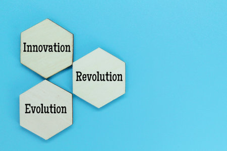wooden hexagon with the words innovation, revolution and evolutionの写真素材