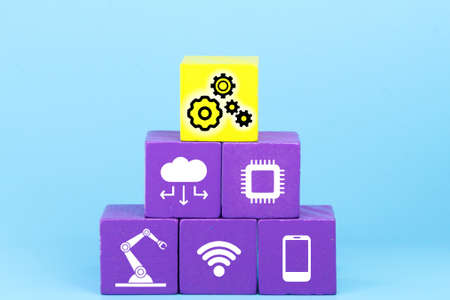 colored cubes with technology items and the word Industry 4.0. Industry 4.0 infographicの写真素材