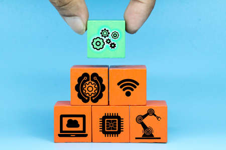 colored cubes with technology items and the word Industry 4.0. Industry 4.0 infographic.