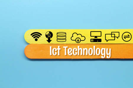 colored ice cream sticks with the words ict technology and ict related iconsの写真素材