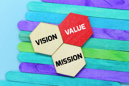 purple and white wooden blocks with the words for business planning. Words vision mission and valueの写真素材