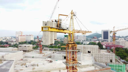 Malaysia, kuala Terengganu 8 Ogos 2021: View from the top of the crane tower at the construction...