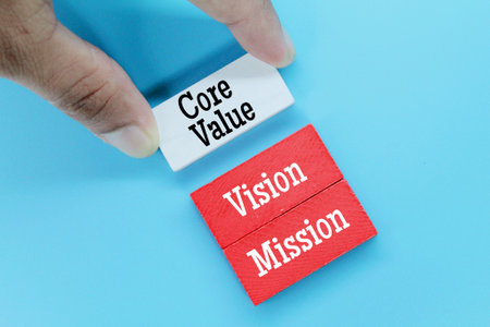 purple and white wooden blocks with the words for business planning. Core value, vision and missionの写真素材