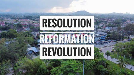 three words Resolution, reformation and revolution with a backdropの写真素材