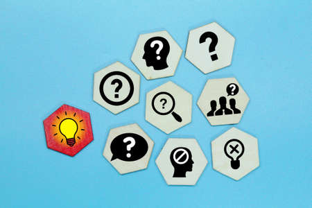 Hexagon with a query icon or problematic with an idea icon. concept ideaの写真素材