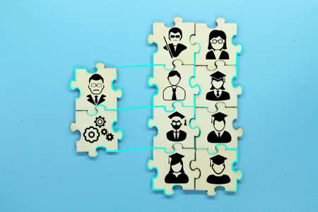 puzzles, student and teacher icons conceptualized school Management systemの写真素材