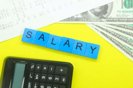 receipts, banknotes, calculators and the word salary on the blue squares