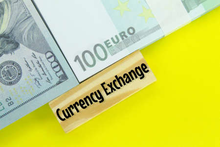euro and dollar money and wooden paoan with the word currency exchangeの写真素材