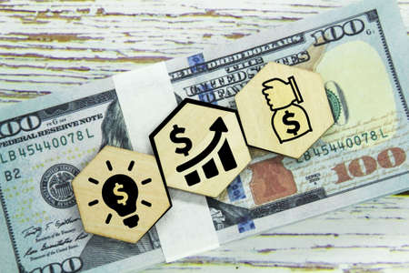 banknotes, and hexagons with business, benefit and income graph icons.