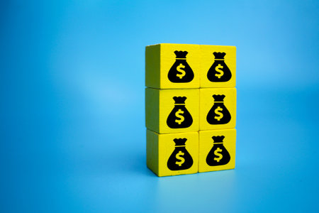 colored cube with money arrangement in the bag. money management concept. passive income. money saving concept.の写真素材