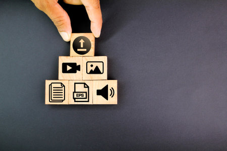 Upload content or metadata for vectors, images, videos, files and audio. Document management concept. Cloud computing technology, upload and download files concept. DMS conceptの写真素材