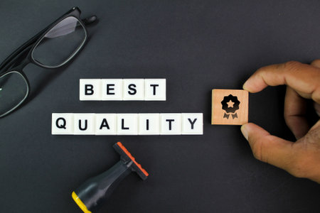 stamps, glasses and quality marks with the word best quality. the concept of guaranteed quality. quality premium conceptの写真素材