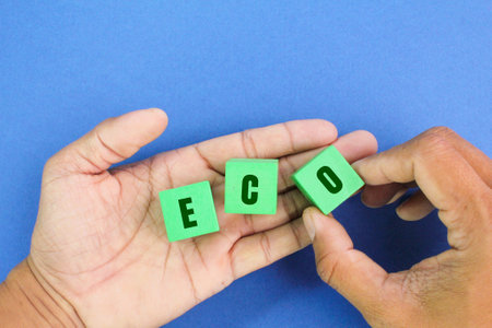 hand holding a colored cube with the letter or word ECO. ecological concept