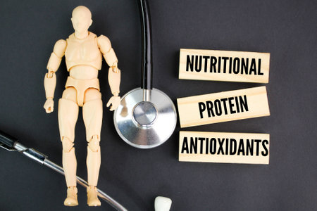 stethoscope and person model with the words Nutritional, omega and protein. health food concept.の写真素材