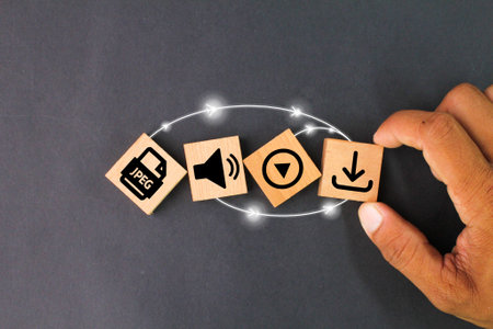 Upload content or download file jpeg images, videos and audio. Document management concept. Cloud...